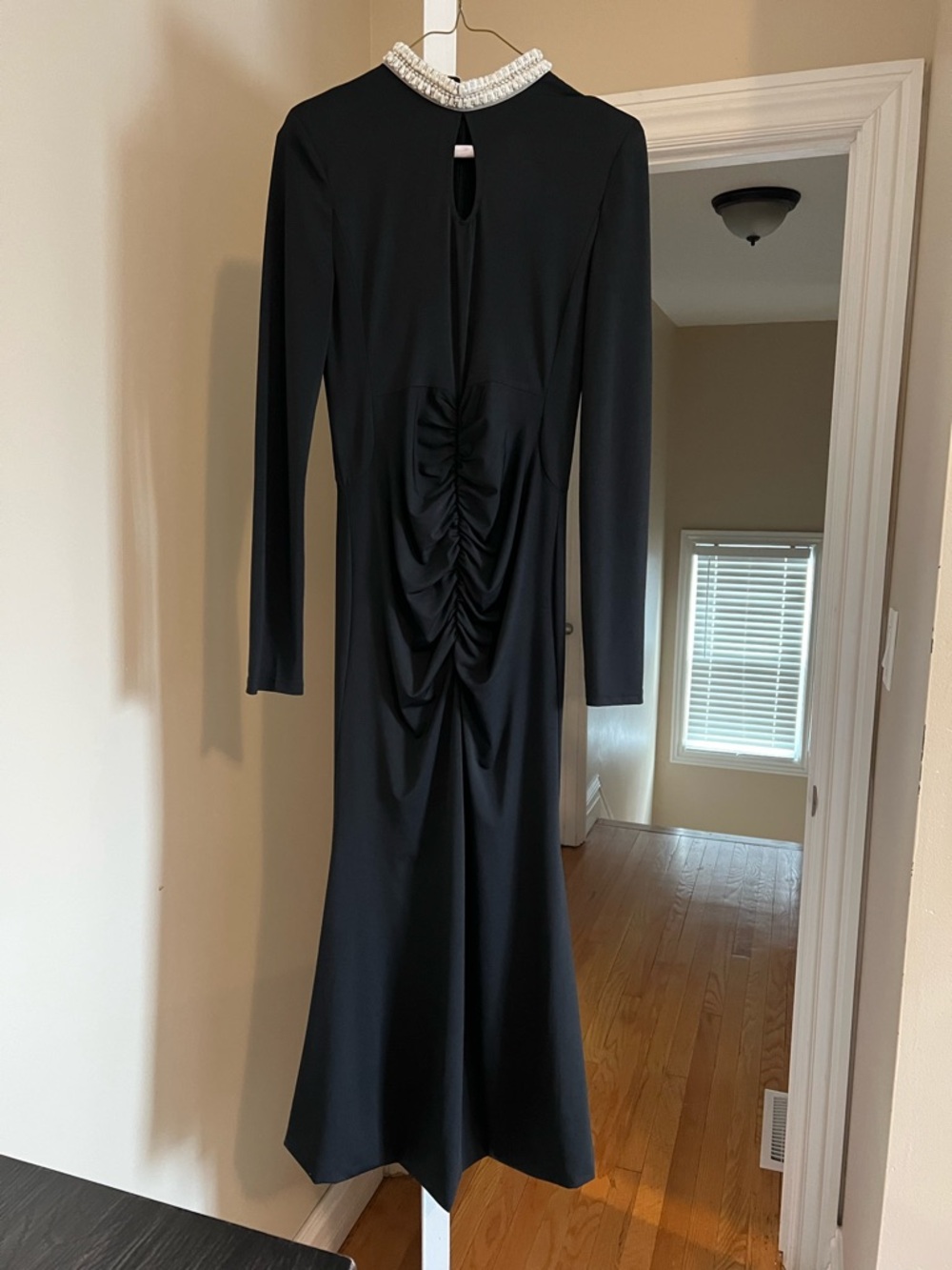 Black Long-Sleeve Ruched Back Dress with Embellished Collar